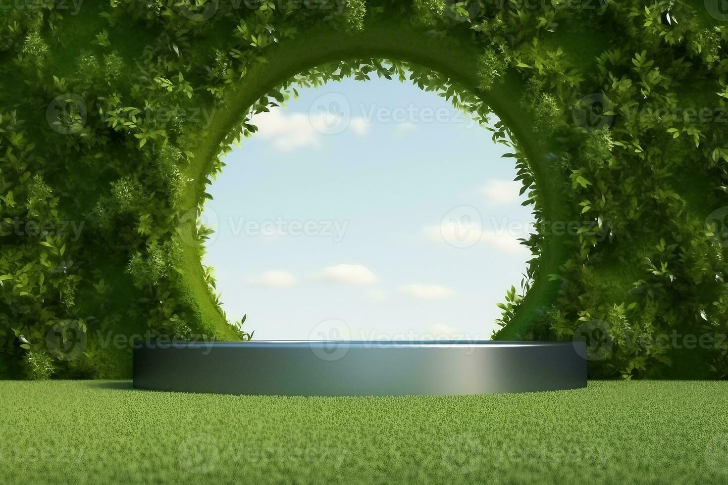 platform and Natural podium background on the grass field with green leaf arch door for product display, Blank showcase, mock up template or cosmetic presentation. generative ai. photo