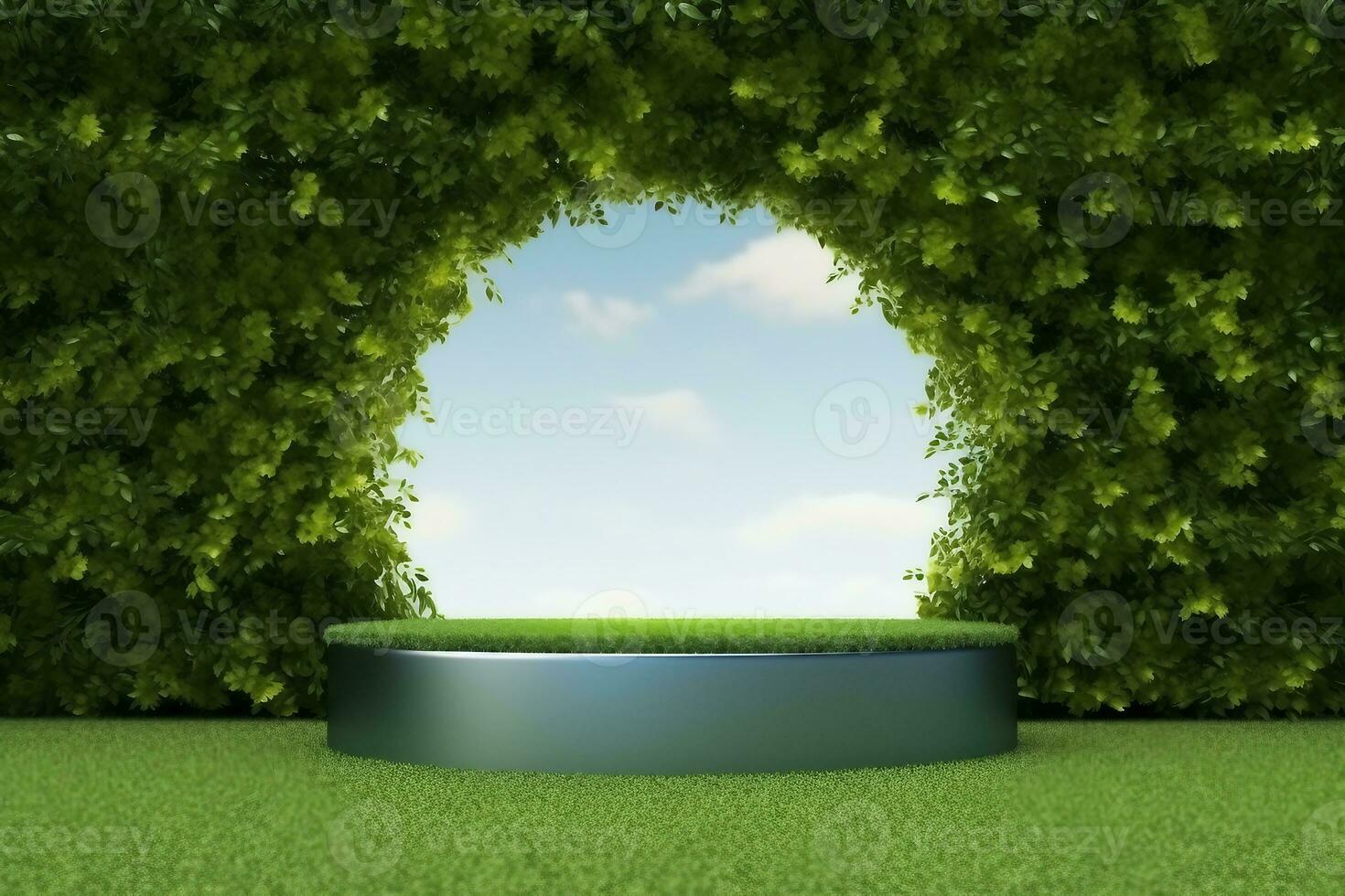 platform and Natural podium background on the grass field with green leaf arch door for product display, Blank showcase, mock up template or cosmetic presentation. generative ai. photo