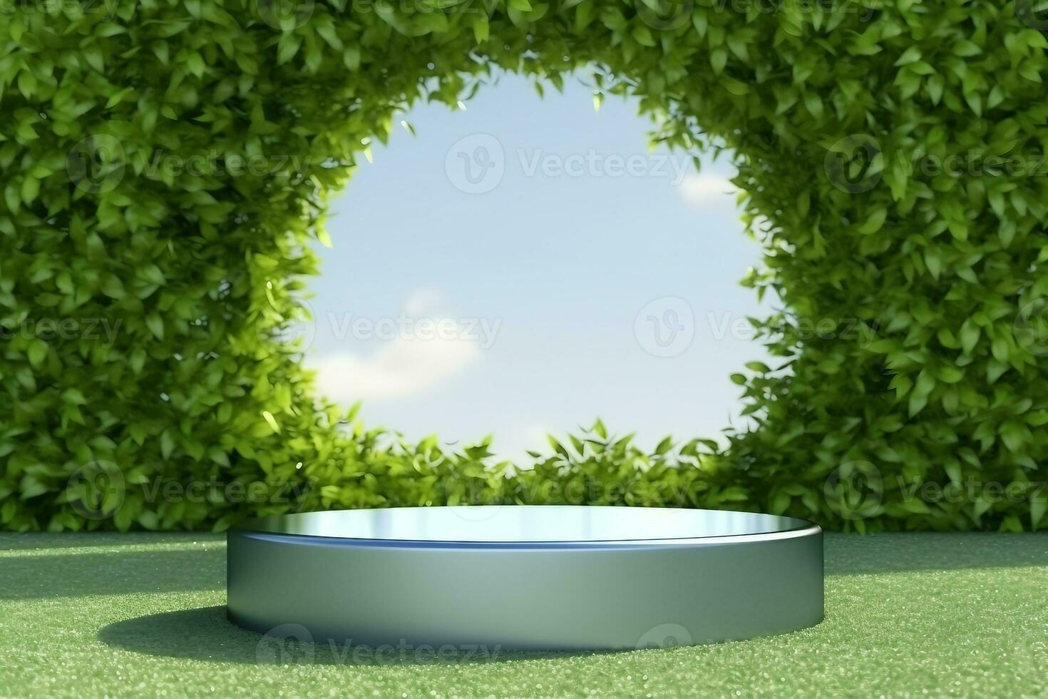 platform and Natural podium background on the grass field with green leaf arch door for product display, Blank showcase, mock up template or cosmetic presentation. generative ai. photo