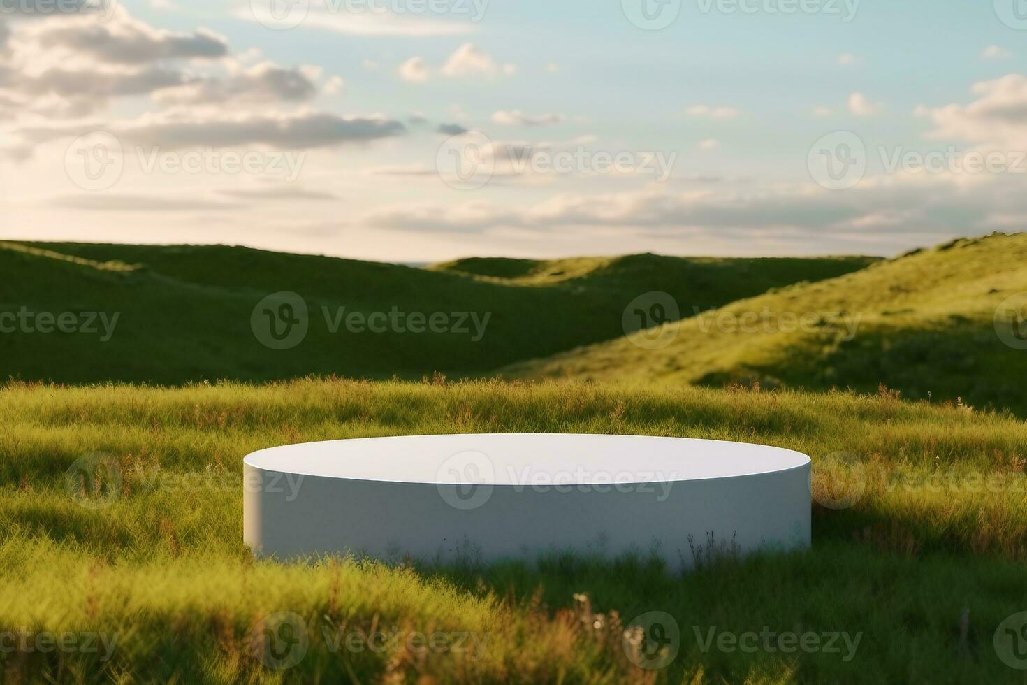 Blank Round White Showcase on Green Grass at Heaven Meadow. Copy Space. Empty Space. 3d rendering. generative ai. photo