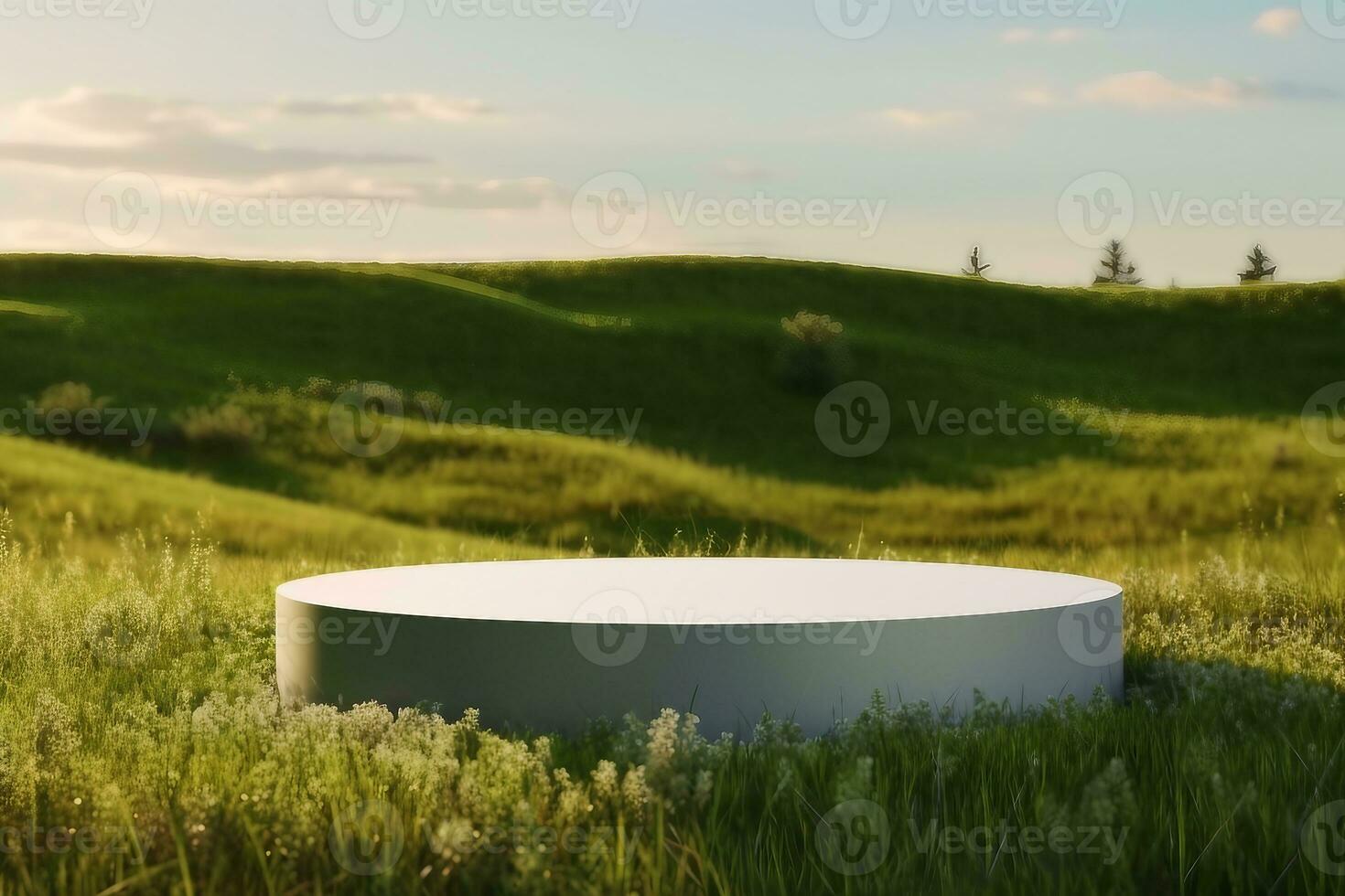 Blank Round White Showcase on Green Grass at Heaven Meadow. Copy Space. Empty Space. 3d rendering. generative ai. photo