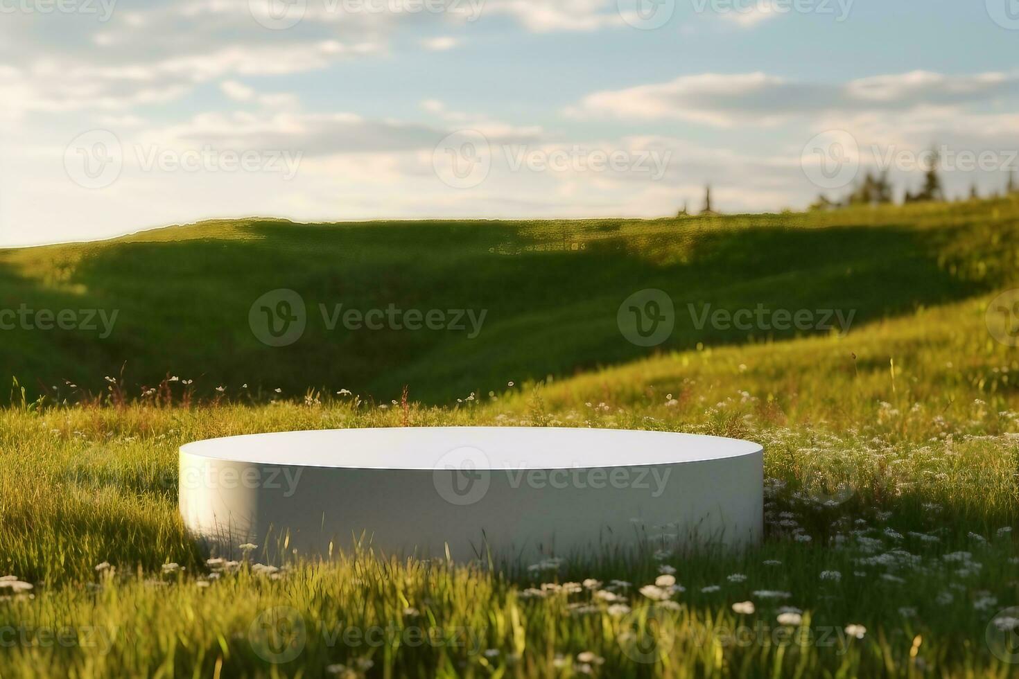 Blank Round White Showcase on Green Grass at Heaven Meadow. Copy Space. Empty Space. 3d rendering. generative ai. photo
