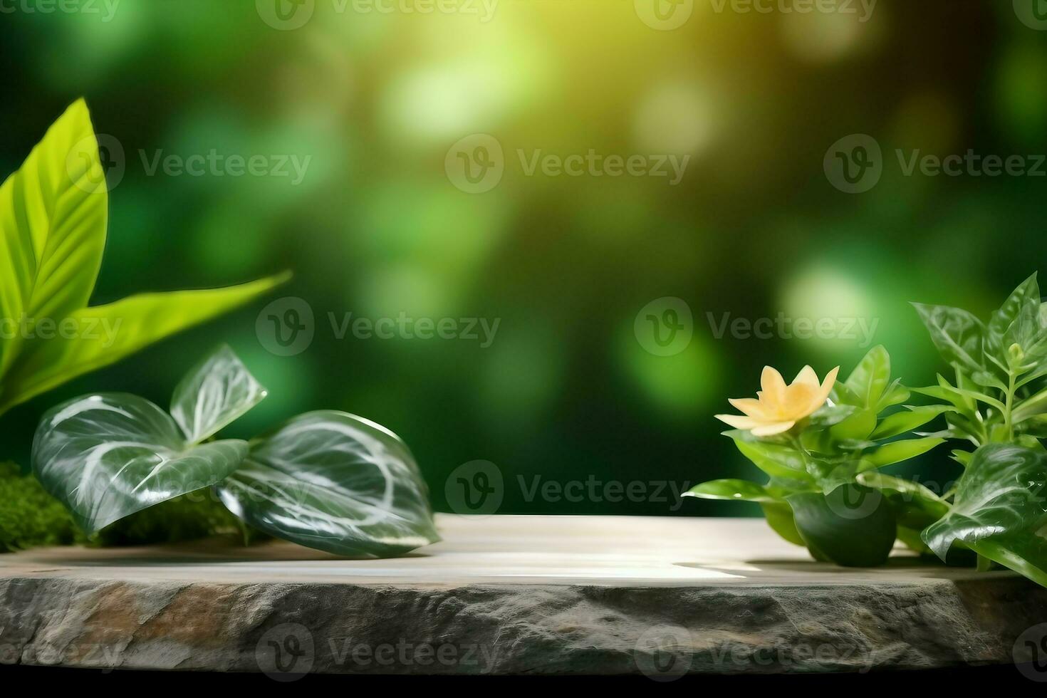Natural stone and concrete podium in Natural green background for Empty show for packaging product presentation. Background for cosmetic products, the scene with green leaves. generative ai. photo