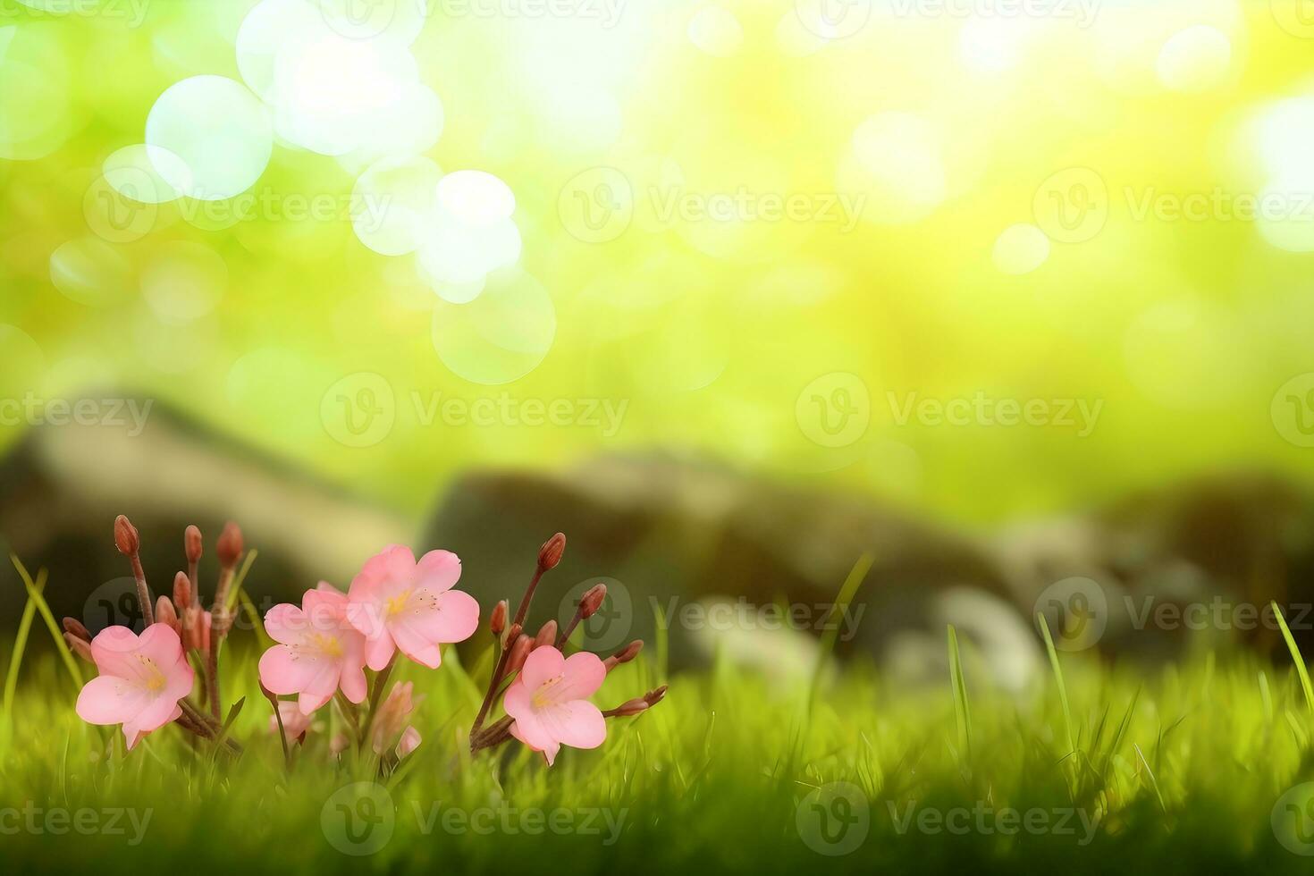 Beautiful meadow field with fresh grass and yellow dandelion flowers in nature against a blurry blue sky with clouds. Summer spring perfect natural landscape.generative ai. photo