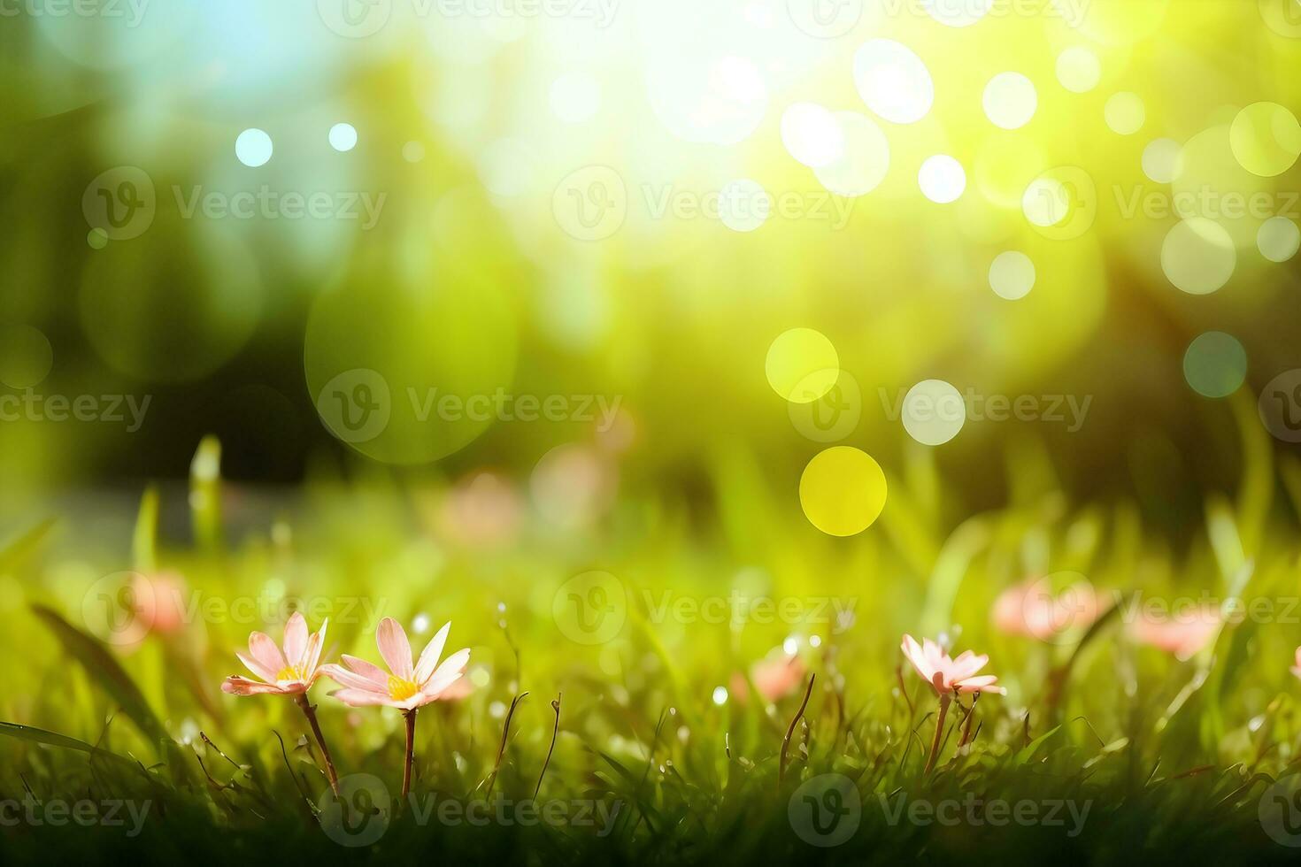 Beautiful meadow field with fresh grass and yellow dandelion flowers in nature against a blurry blue sky with clouds. Summer spring perfect natural landscape.generative ai. photo