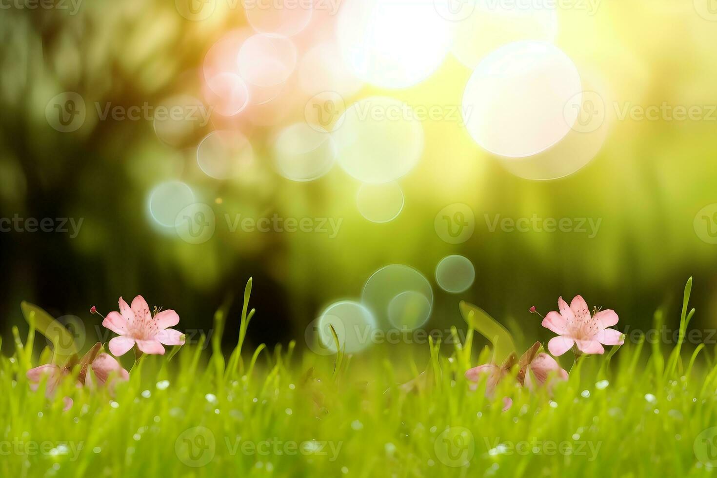 Beautiful meadow field with fresh grass and yellow dandelion flowers in nature against a blurry blue sky with clouds. Summer spring perfect natural landscape.generative ai. photo