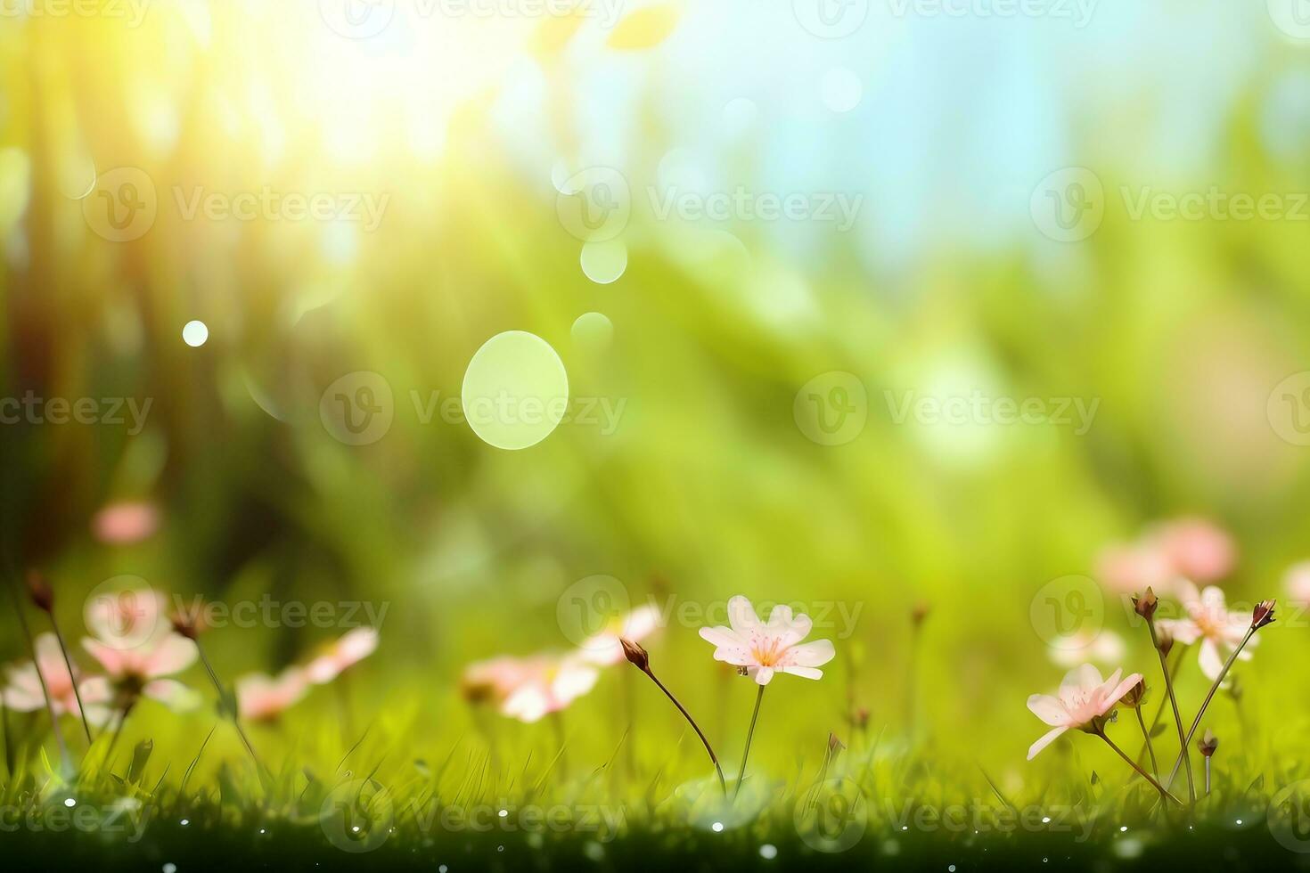 hermosa prado campo con Fresco césped y amarillo diente de león flores en naturaleza en contra un borroso azul cielo con nubes verano primavera Perfecto natural paisaje.generativo ai. foto