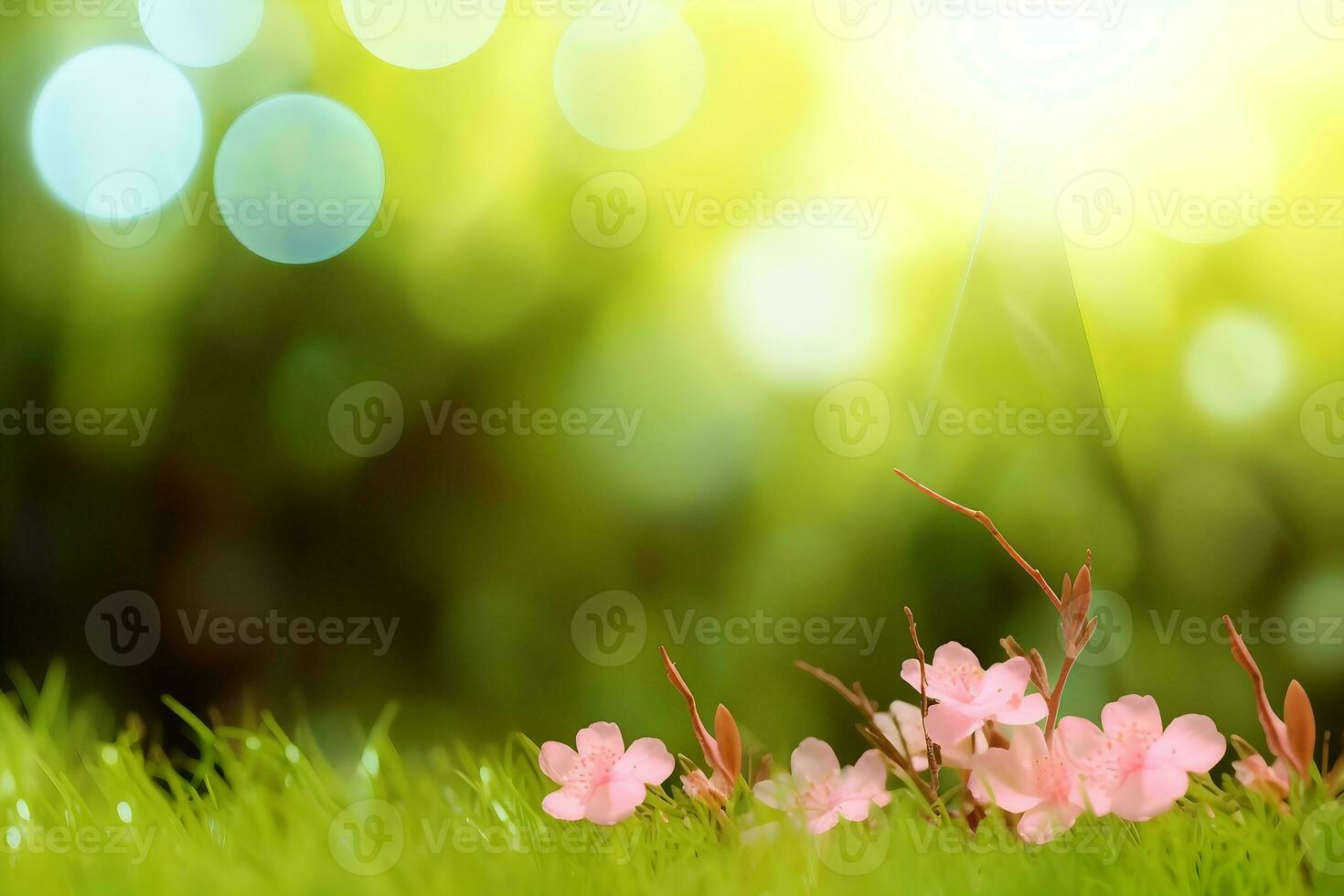 Beautiful meadow field with fresh grass and yellow dandelion flowers in nature against a blurry blue sky with clouds. Summer spring perfect natural landscape.generative ai. photo