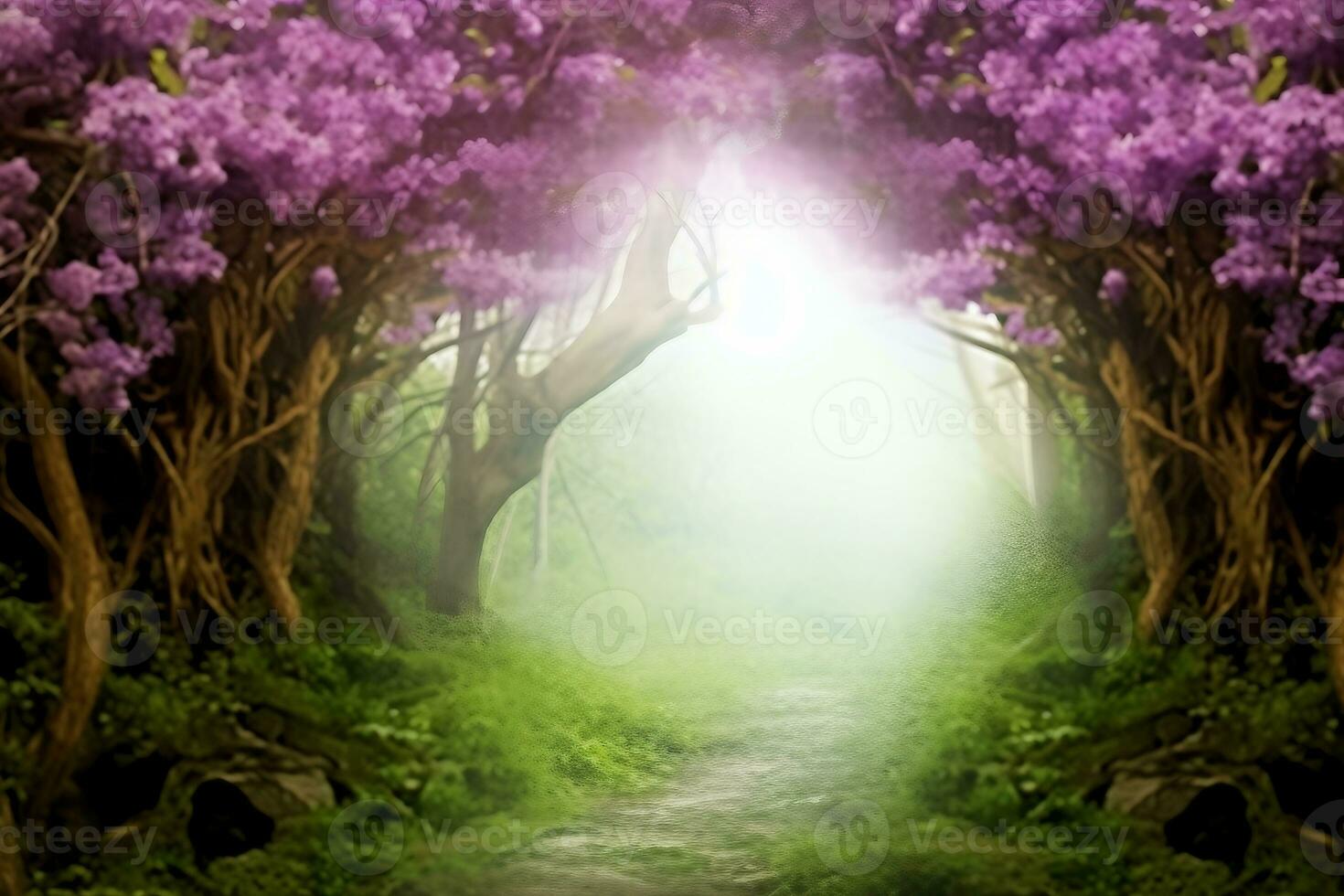 Fantasy background. Magic forest.Beautiful spring landscape.Lilac trees in blossom, generative ai. photo