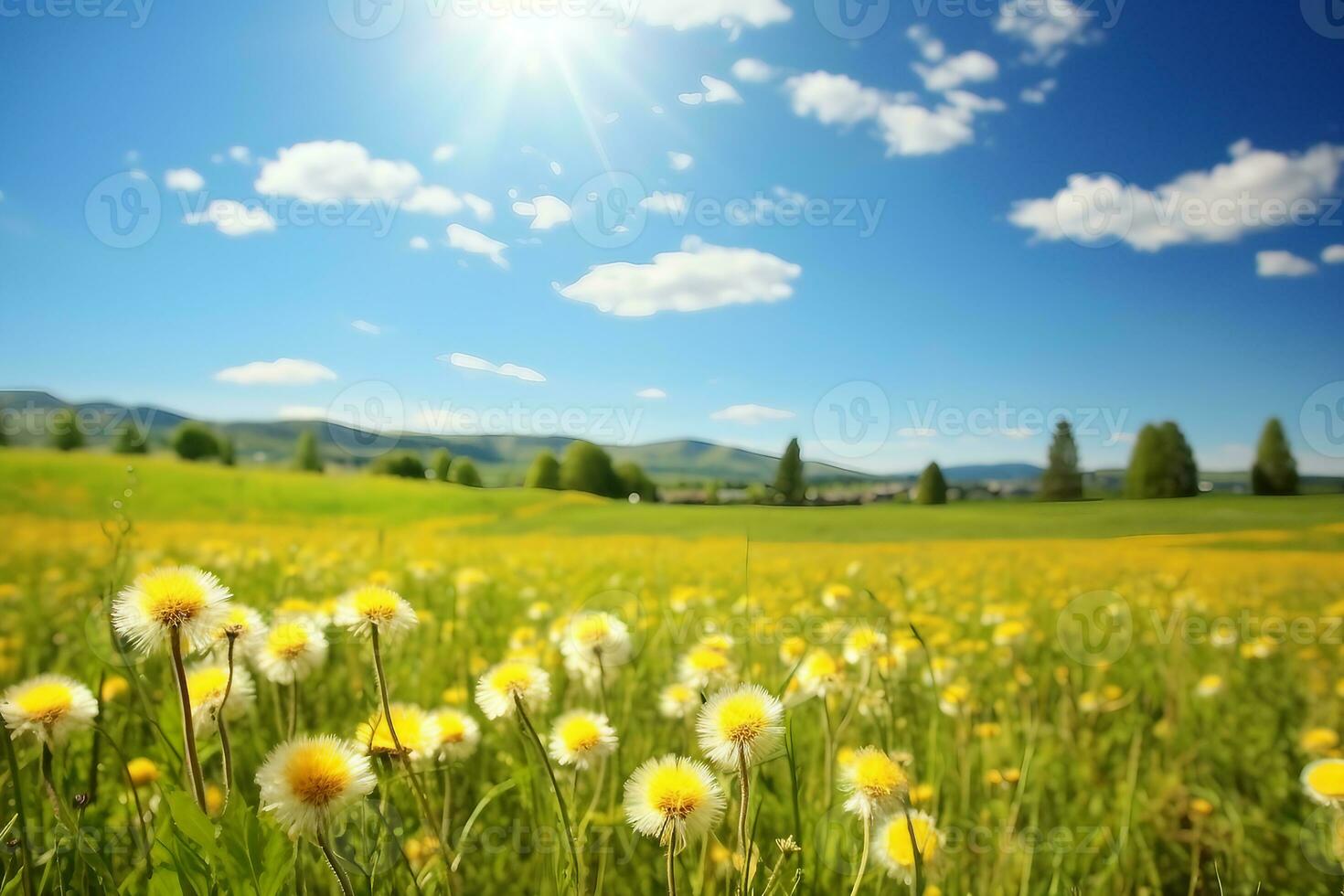 campo con amarillo diente de león y azul cielo. generativo ai. foto