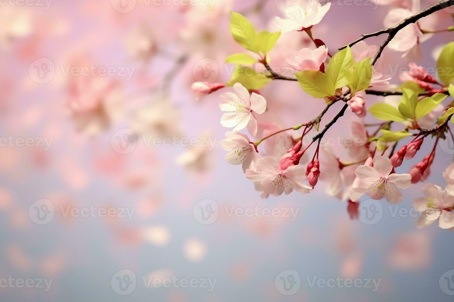 Vector background with spring apple blossom. Blossoming branch in springtime with falling petals. generative ai. photo