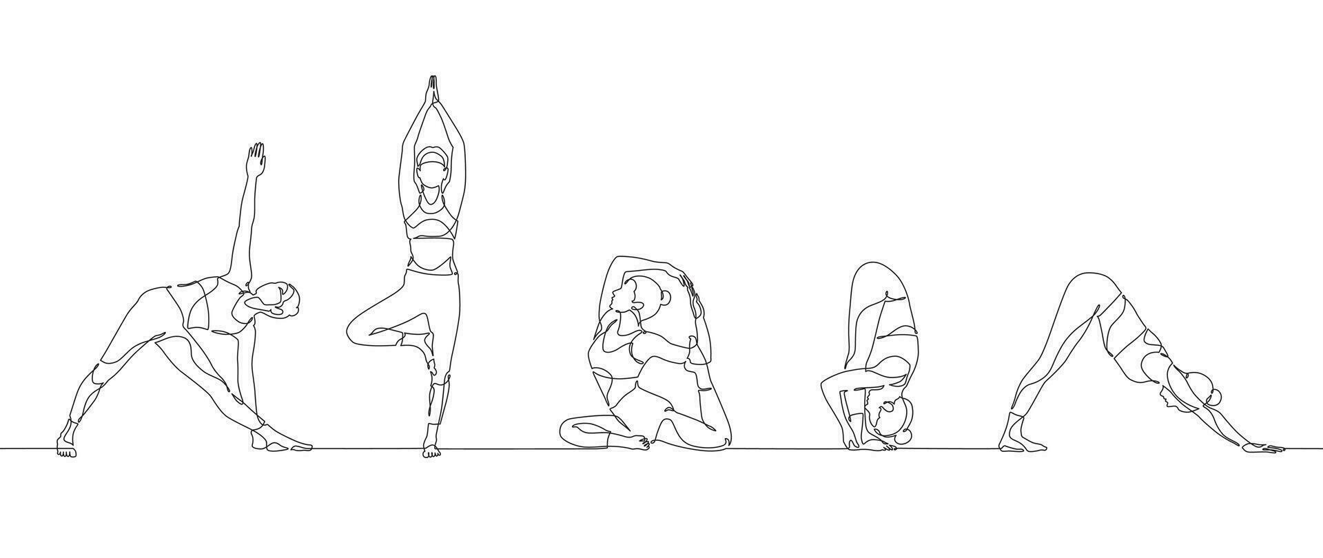 continuo uno línea mujer haciendo yoga.aeróbico deporte niña ejercicio para moderno sano estilo de vida vector