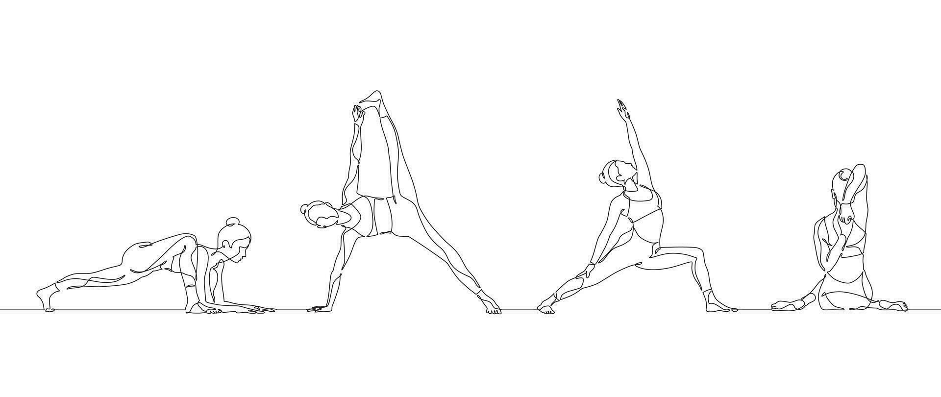 continuo uno línea dibujo grupo de mujer haciendo yoga vector