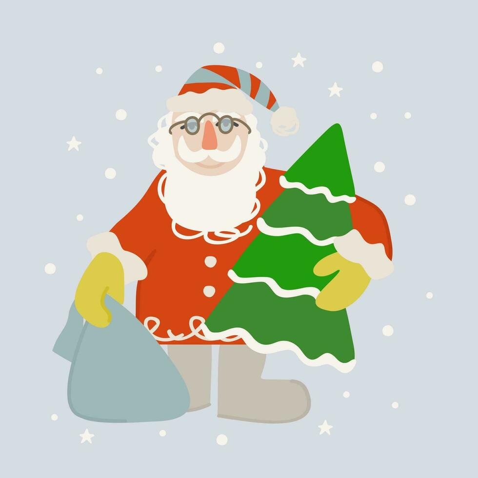 Santa Claus with gifts bag and fir. Vector illustration