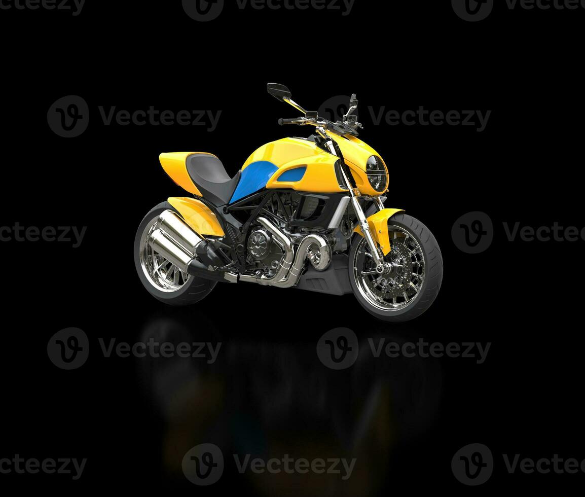 Yellow sports bike with blue details - isolated on black reflective background photo