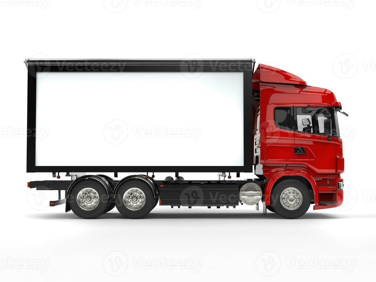 Red modern heavy transport truck - side view photo