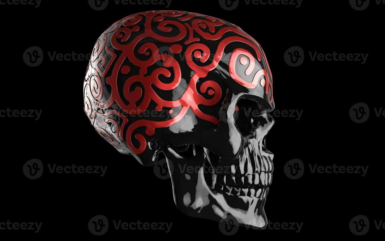 Black shiny skull with red ornamental details - side view photo