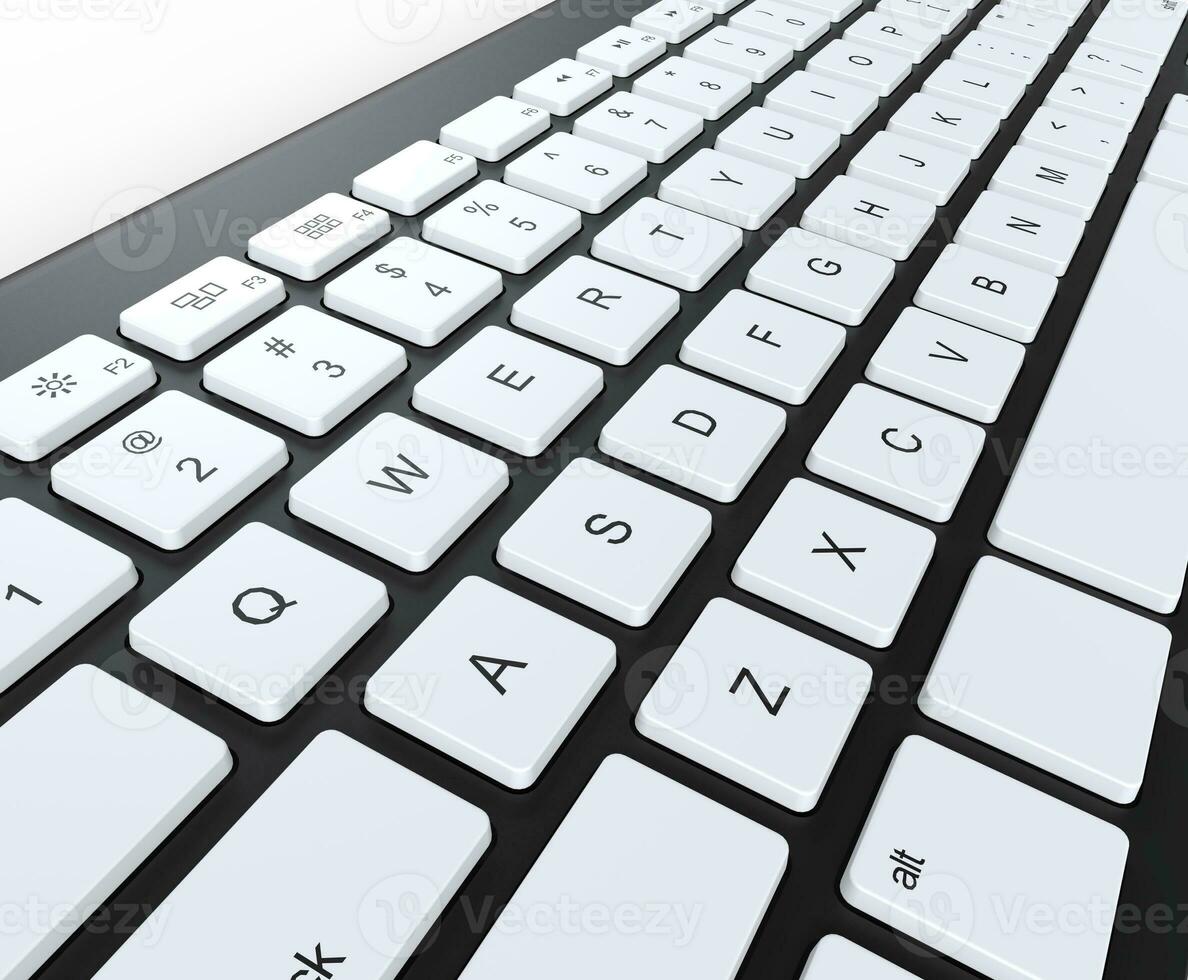 Black keyboard with white keys, angled closeup shot. photo