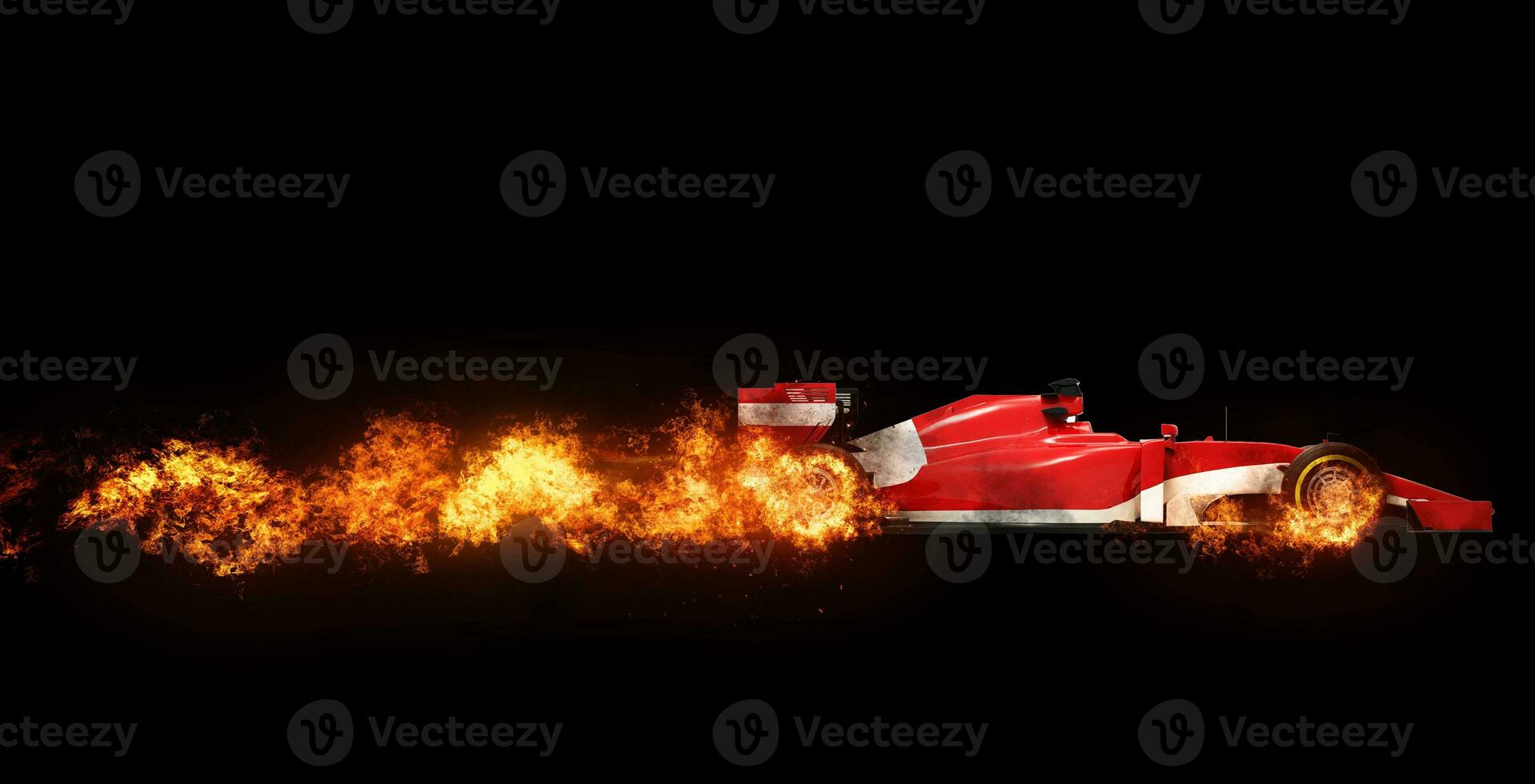 Speeding Formula one car - wheels on fire - on black background photo