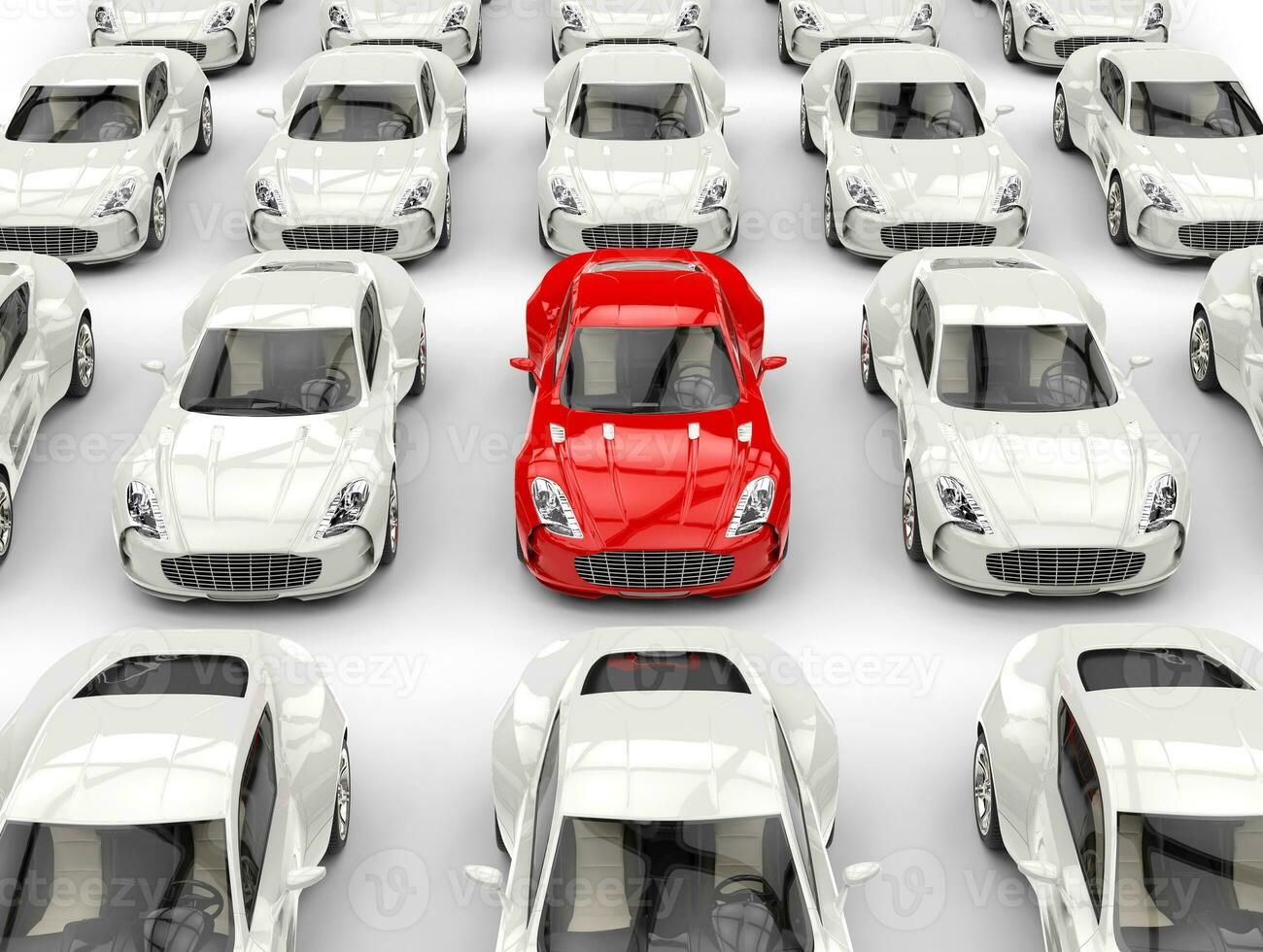 Rows of beautiful sports cars - red car stands out amongst white ones photo