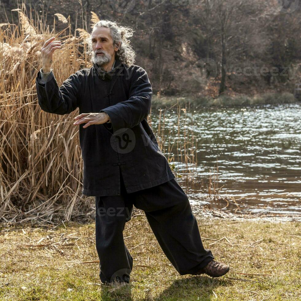 mature man practicing Tai Chi discipline outdoors photo