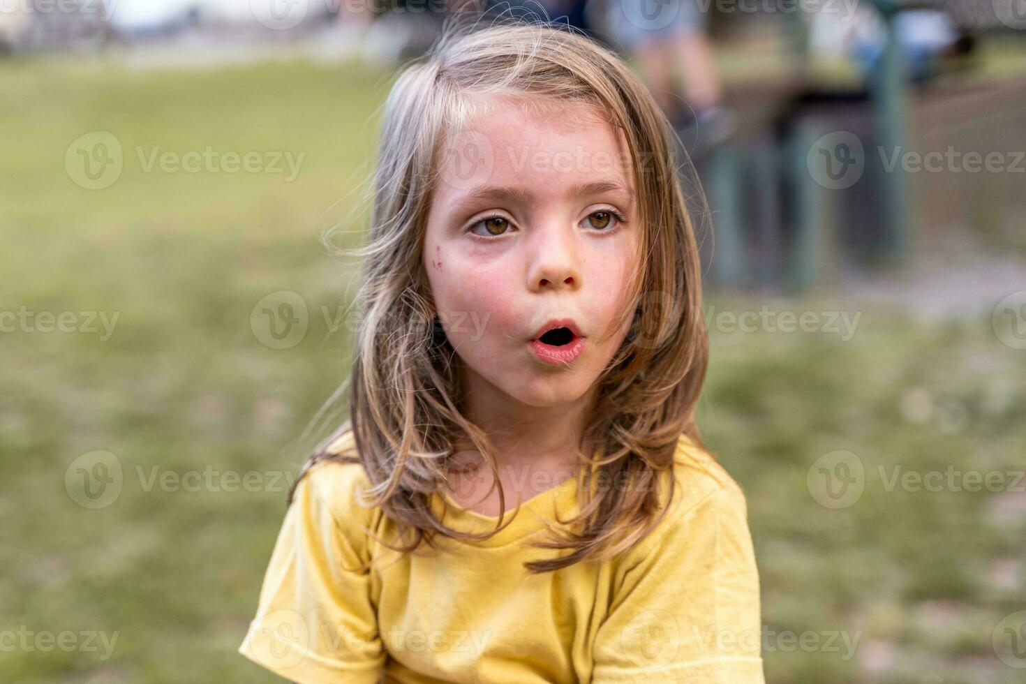 retrato de linda pequeño niña en un al aire libre parque foto