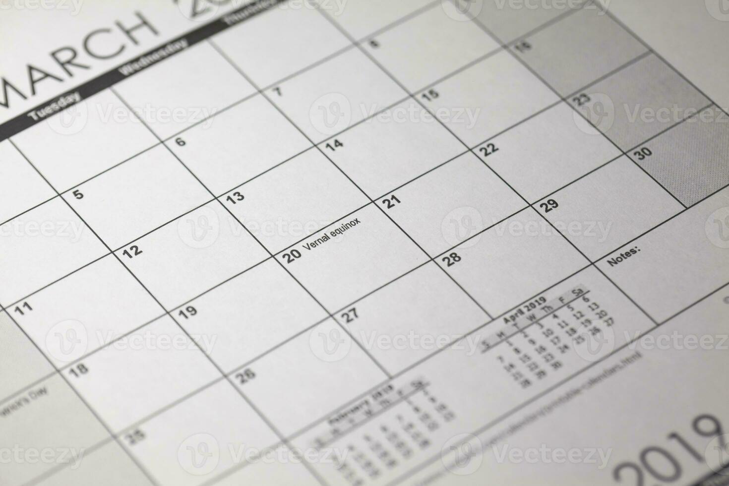 vernal equinox 2019. Close up of calendar of the March 20 spring vernal equinox, calendar. photo