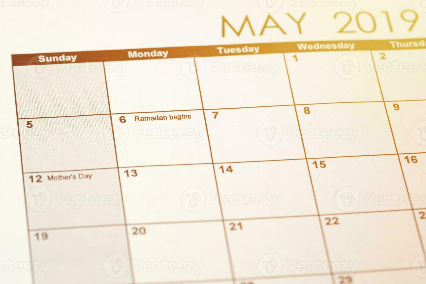 Calendar of May month 2019 - The date of beginning of ramadan. Ramazan beginning calendar date photo