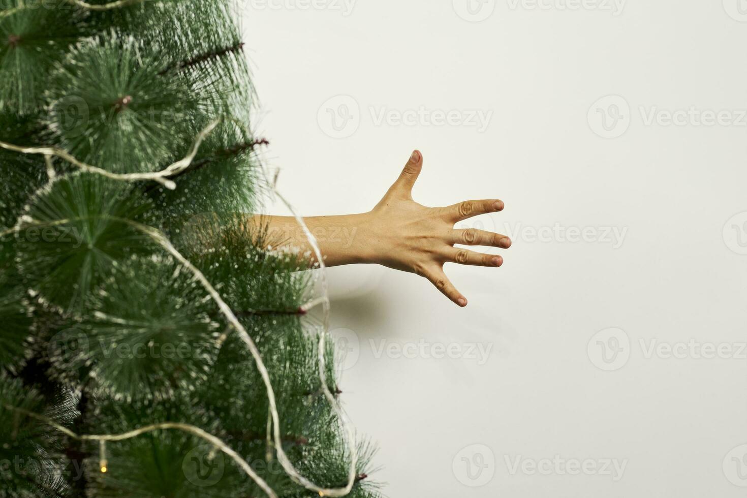 Hand palm behind the Xmas tree photo