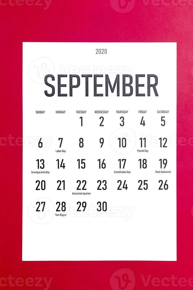 September 2020 calendar with holidays photo