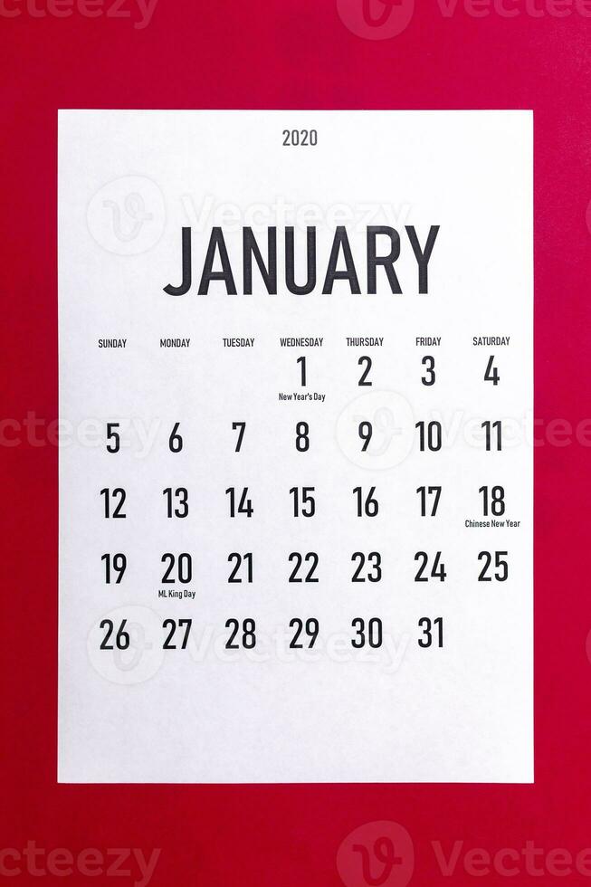 enero 2020 calendario con Días festivos foto