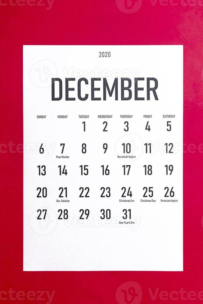 December 2020 calendar with holidays photo