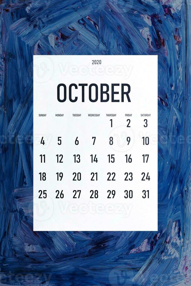 October 2020 simple calendar on trendy classic blue color photo