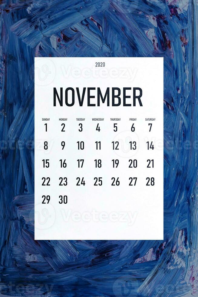 November 2020 simple calendar on trendy classic blue color photo