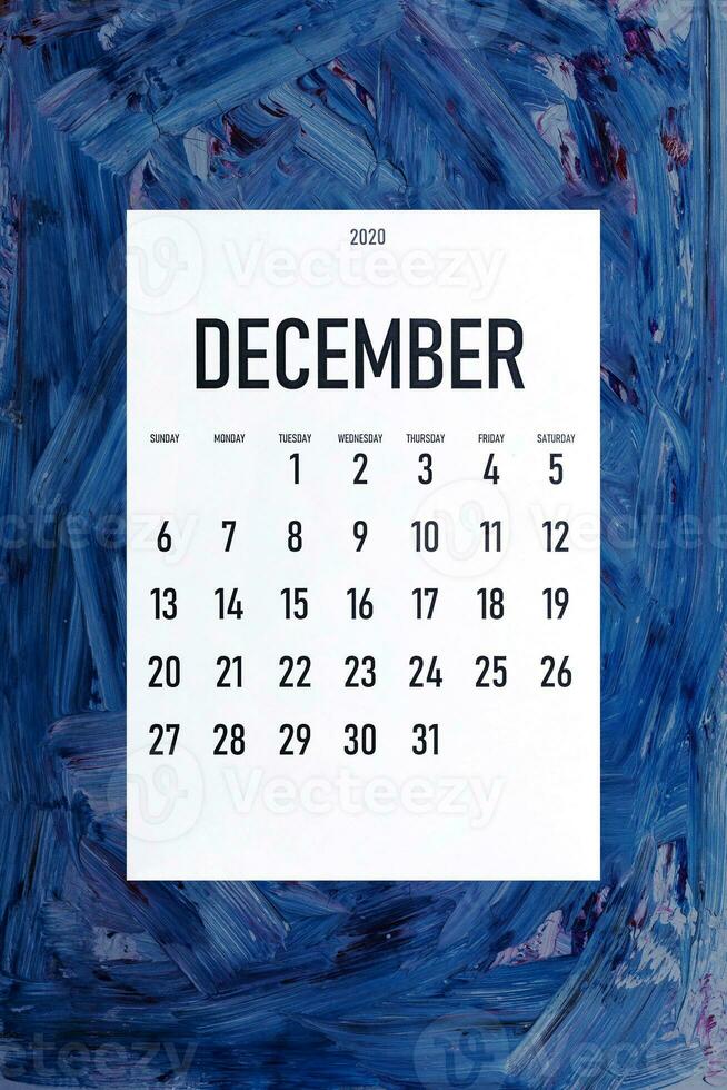 December 2020 simple calendar on trendy classic blue color photo