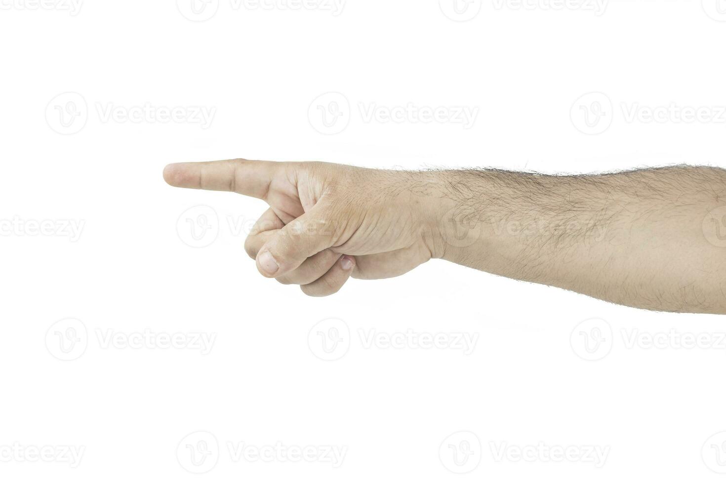 Pointing to the left male hand isolated on white photo