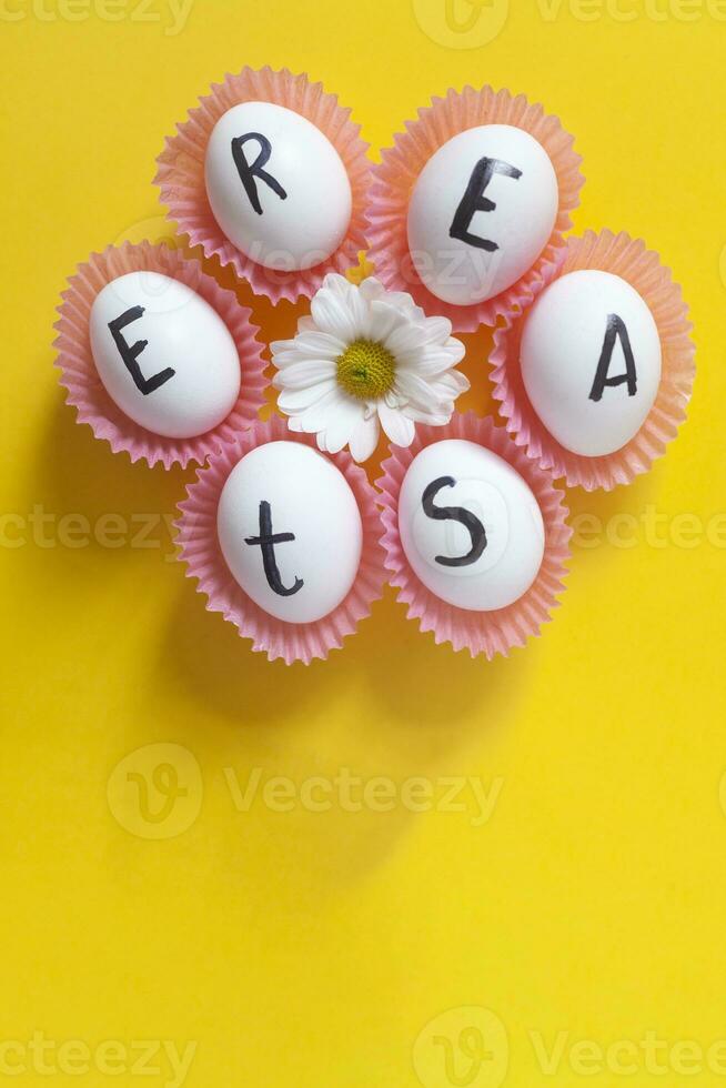 Happy Easter. Easter text on white eggs with spring flowers photo
