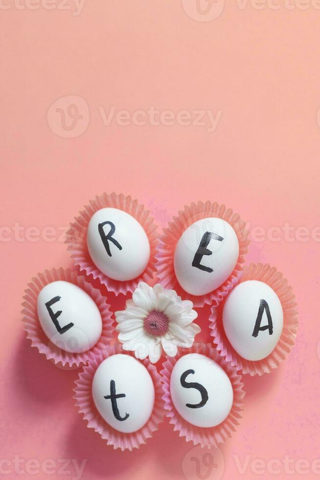 Happy Easter. Easter text on white eggs with spring flowers photo