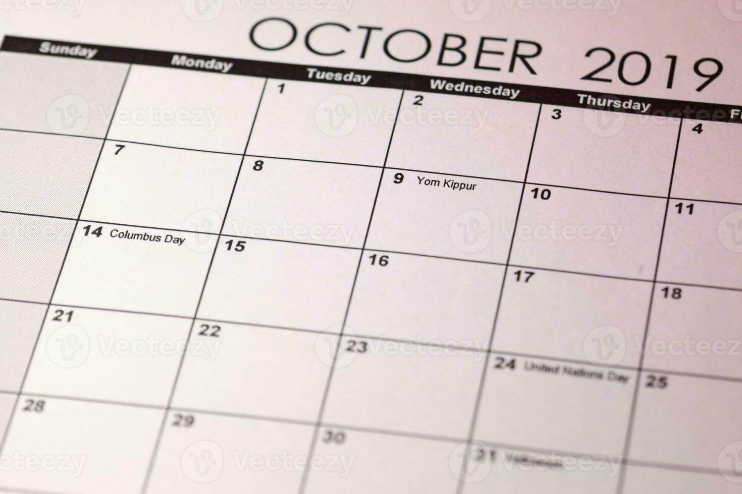 Yom Kippur in selective focus on October 2019 calendar. Toned image. photo