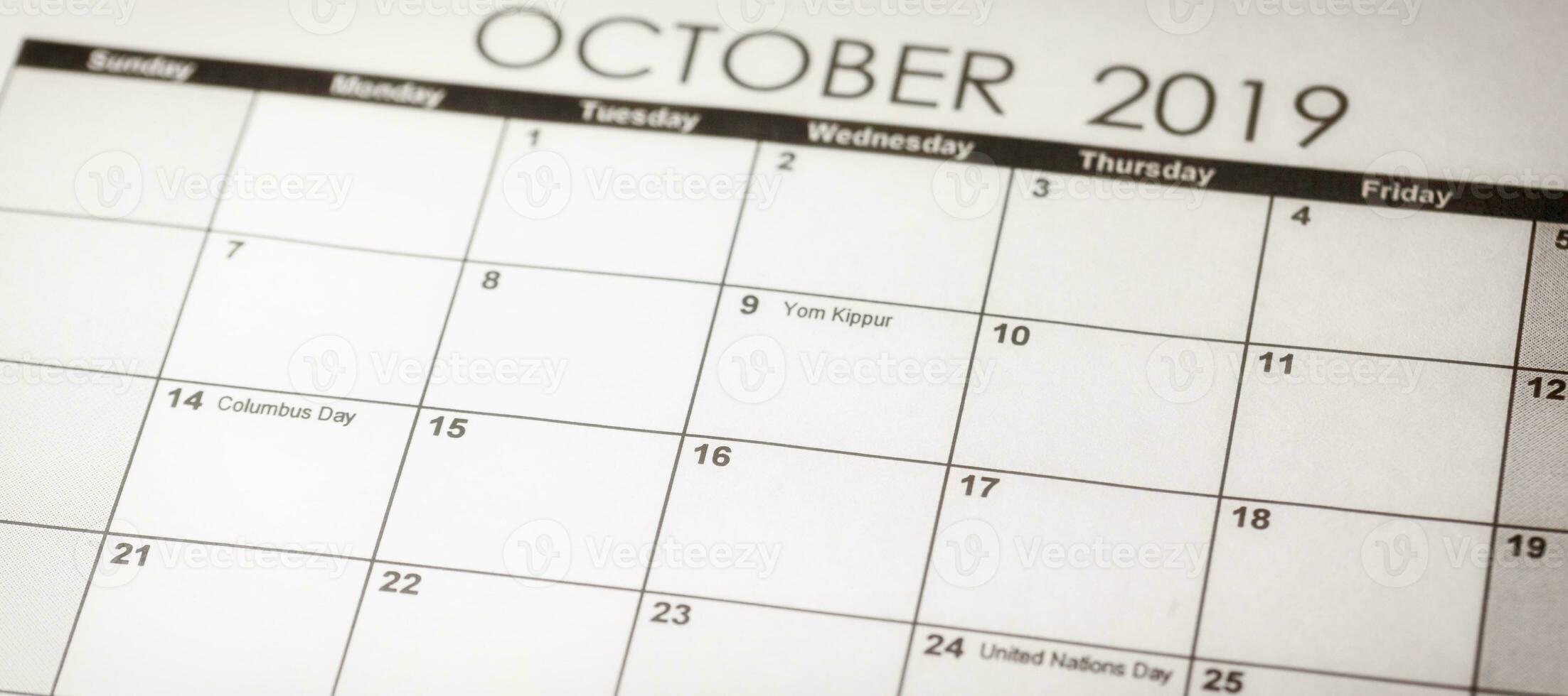 Yom Kippur in selective focus on October 2019 calendar. photo