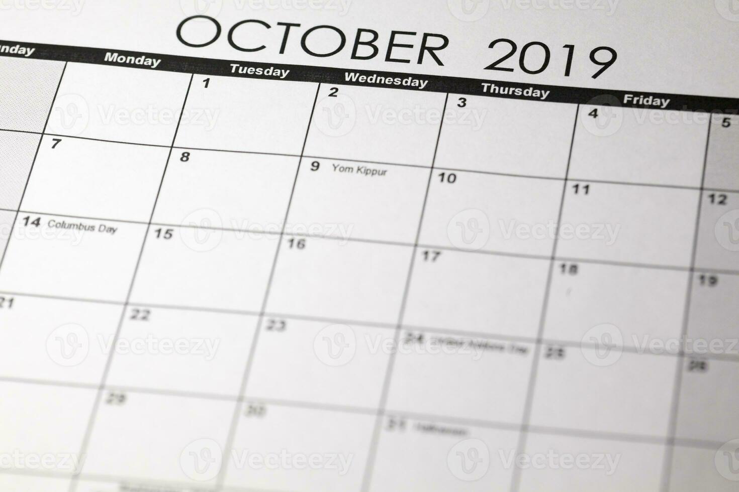 Simple October 2019 calendar. Week starts from Sunday. photo