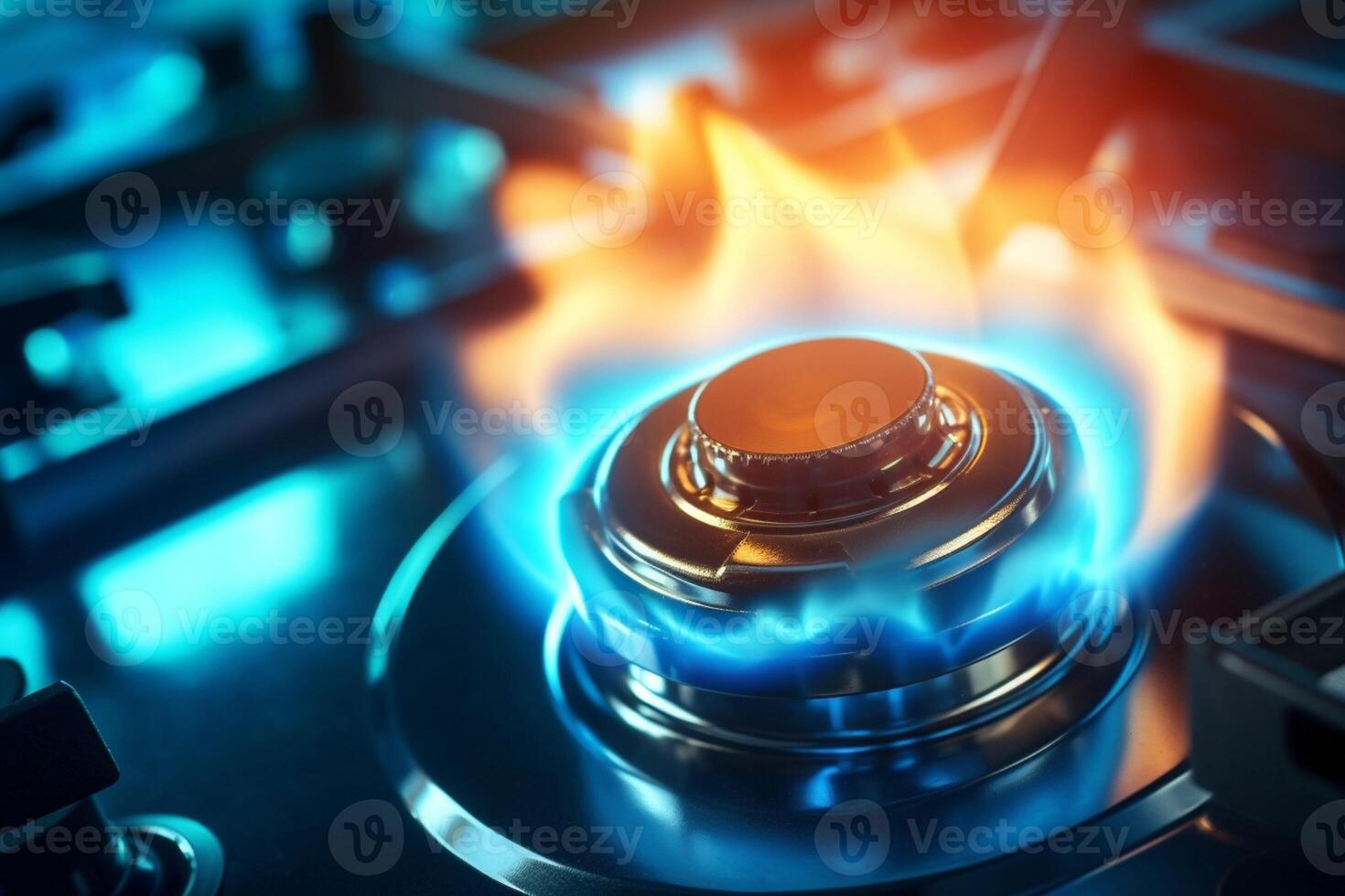 Closeup shot of blue fire from domestic kitchen hob Gas cooker with