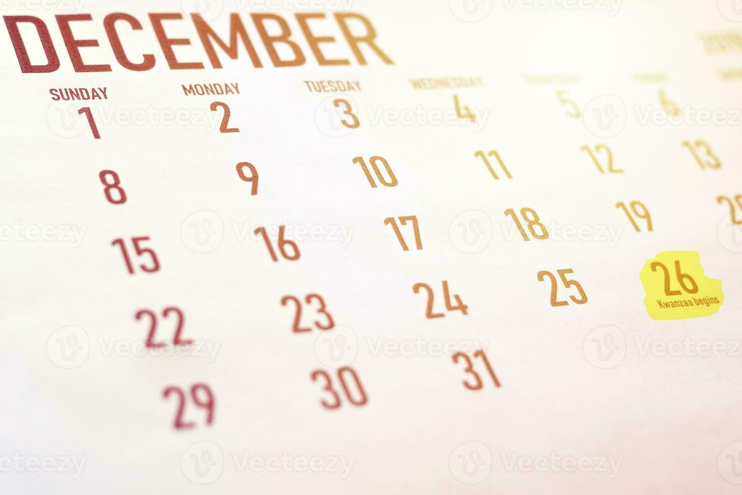 December calendar with Kwanza beginning date photo