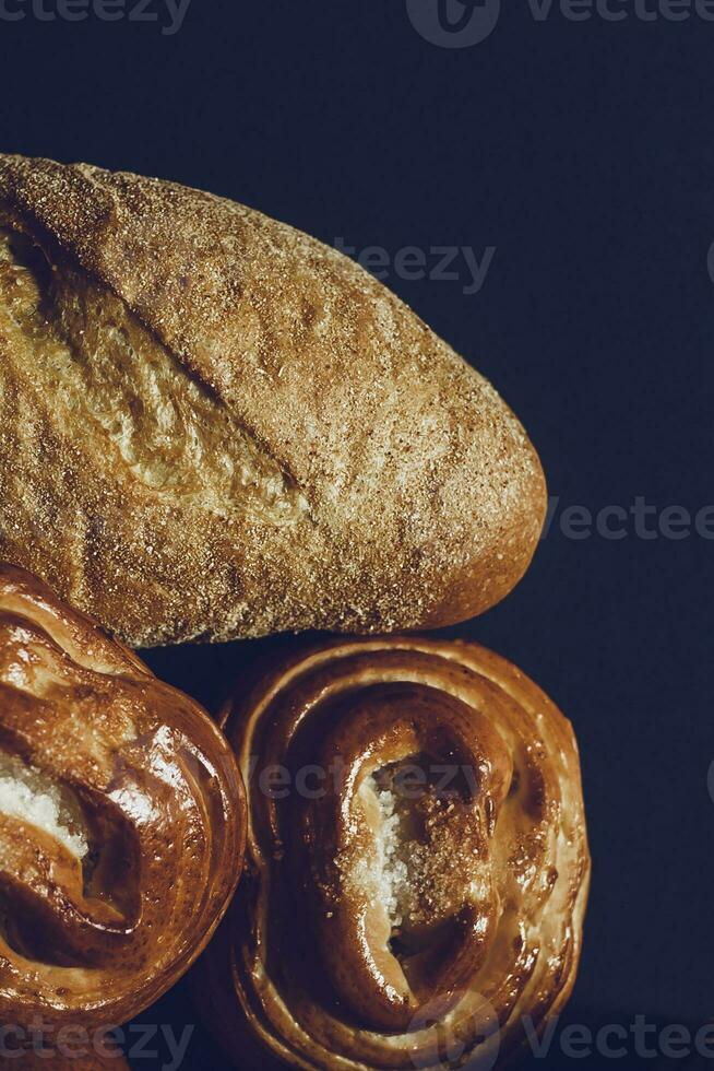 Food concept. Different type breads. Top view. Free space for text photo