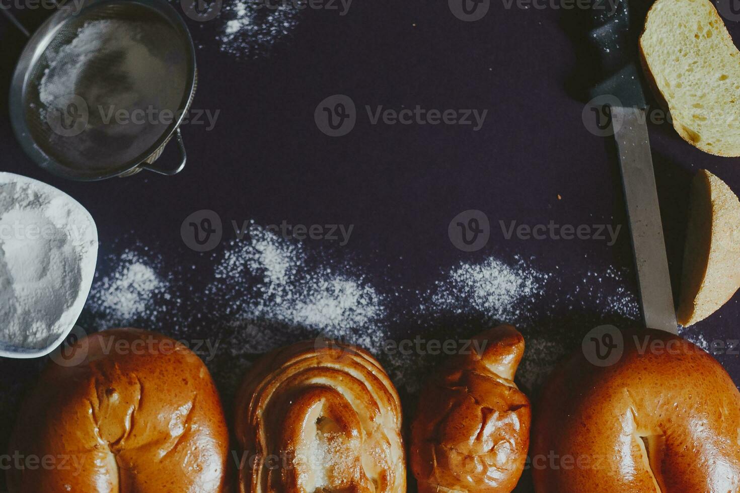 Food concept. Different type breads. Top view. Free space for text photo