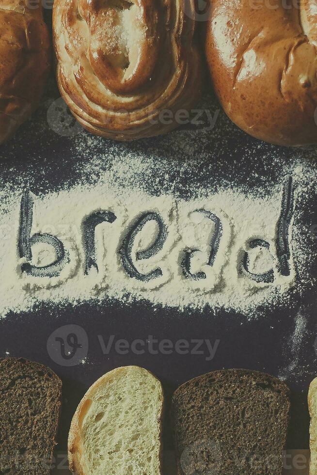 Food concept. Different type breads. Top view. Free space for text photo