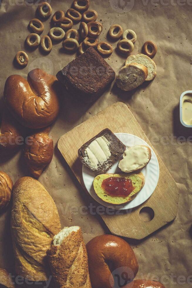 Food concept. Different type breads. Top view. Free space for text photo