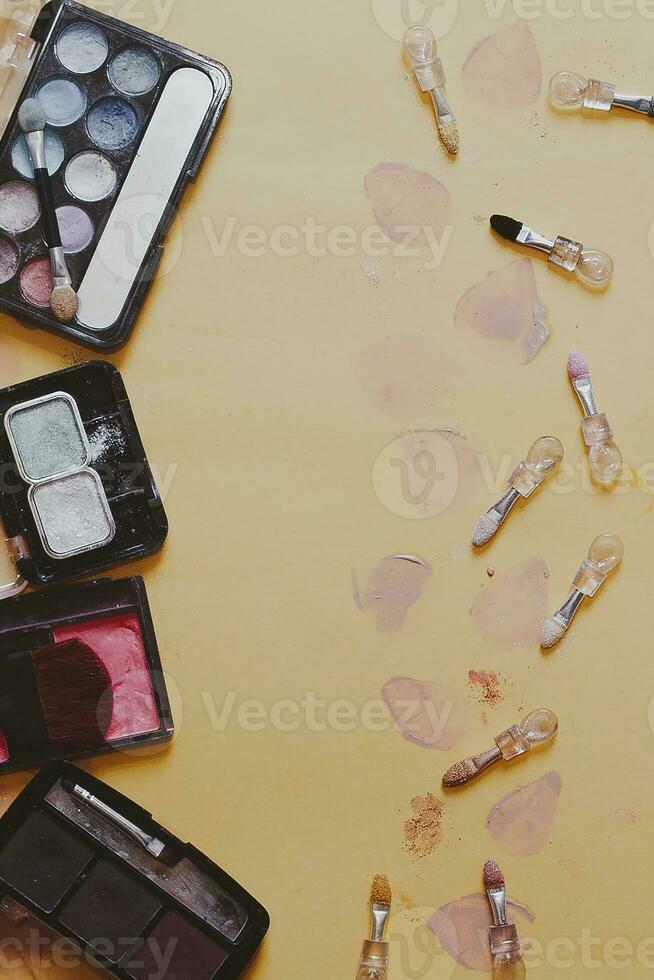 Women's cosmetics and accessories on paper background. Beauty products. Flat lay view. Copy space photo