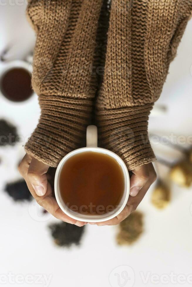 invierno tiempo. mujer Bebiendo caliente té durante frío invierno vacaciones. mujer con un taza de té foto