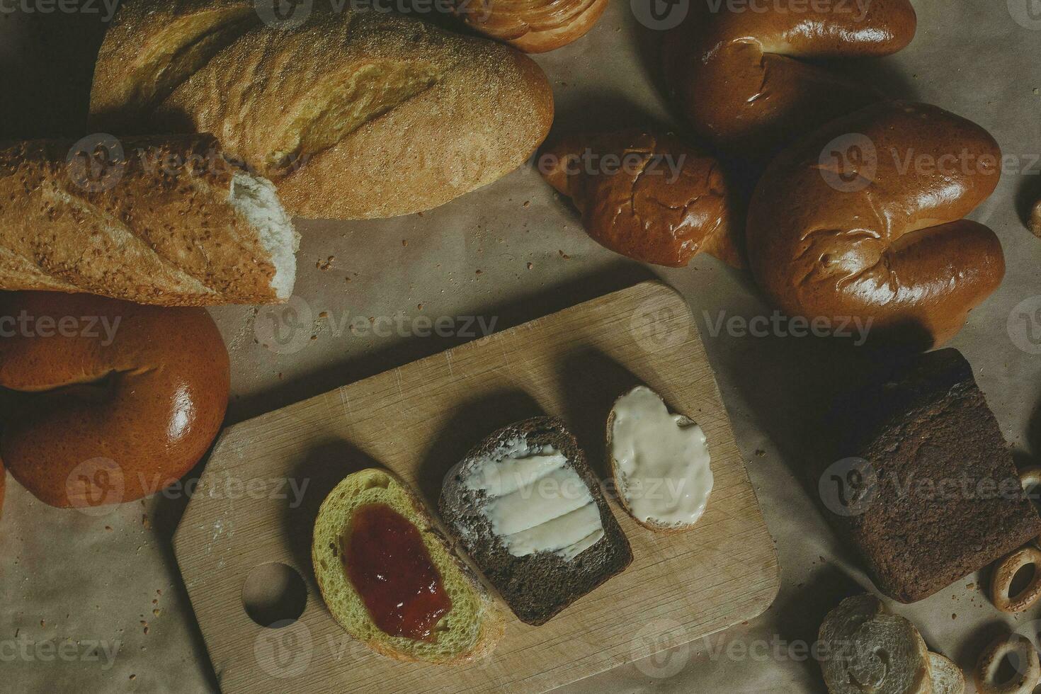 Food concept. Different type breads. Top view. Free space for text photo